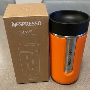 BNIB - Nespresso Orange Travel Mug with Black Lid and Stainless Accent